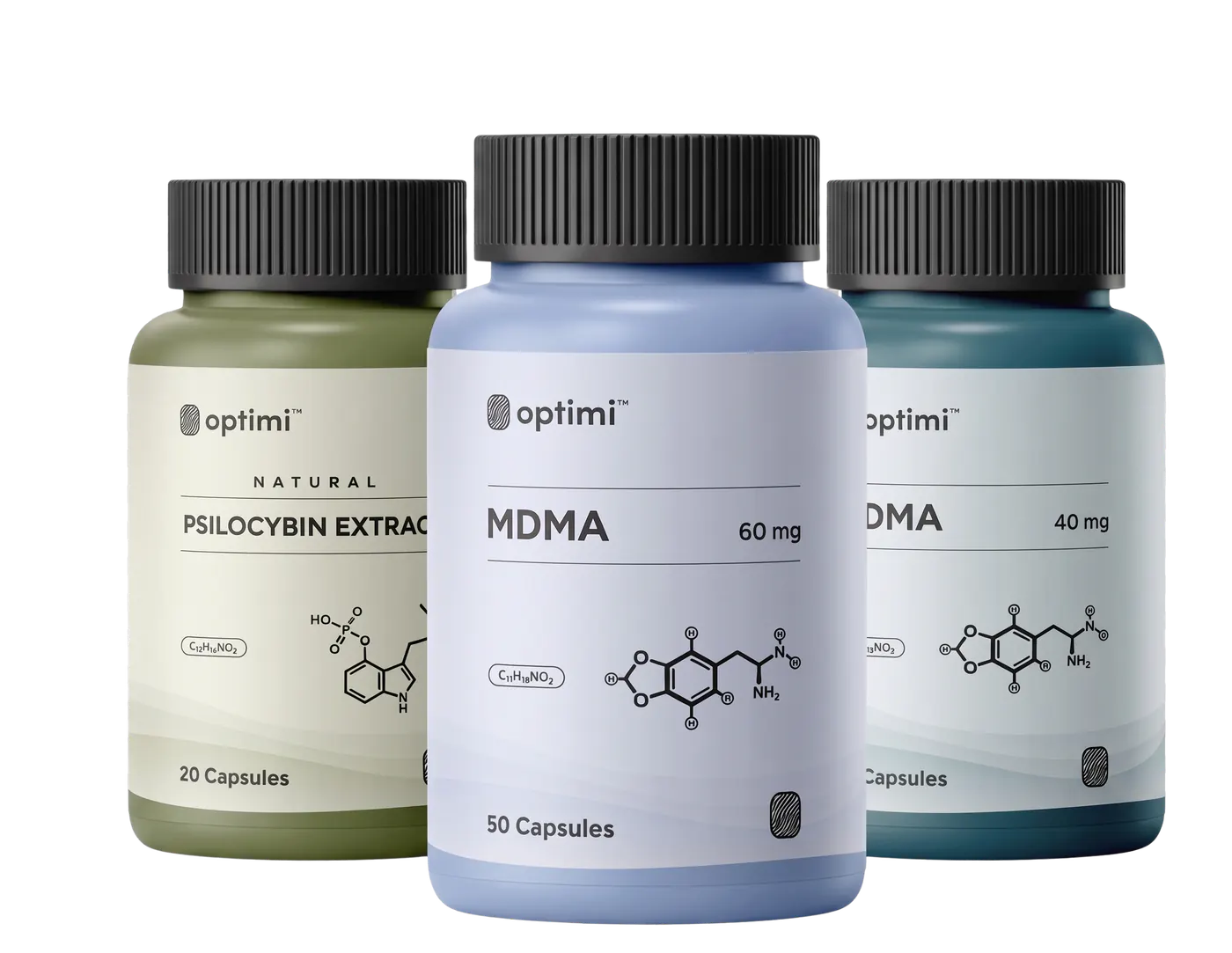 Optimi product line: Natural Psilocybin Extract, MDMA 60 mg, MDMA 40 mg, Natural Microdose 1 mg