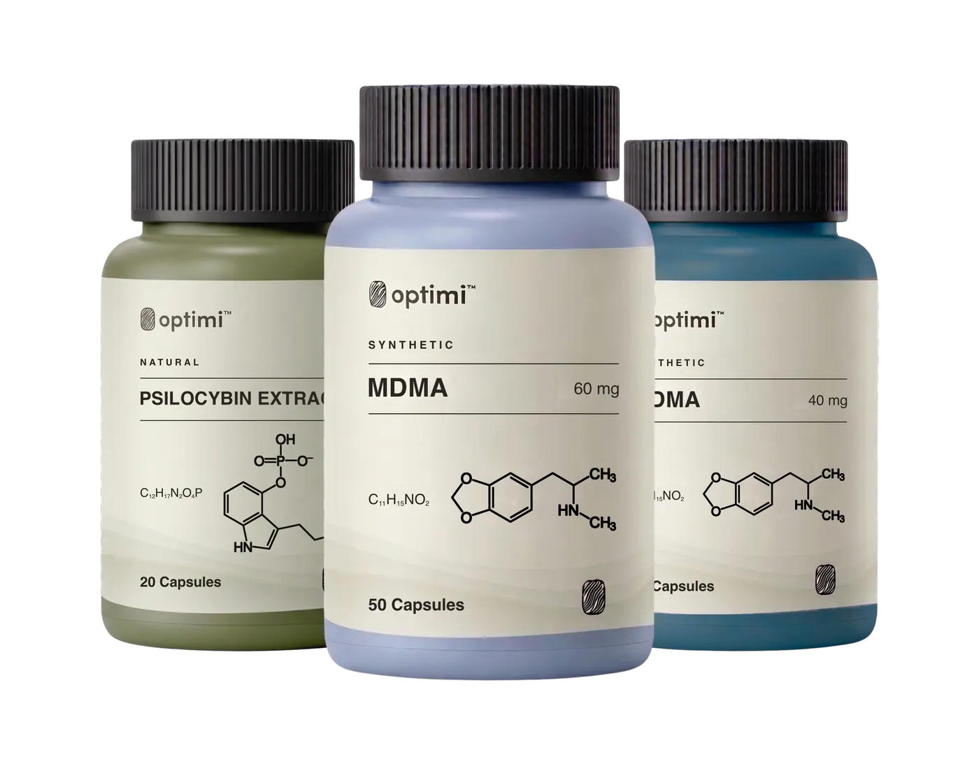 Optimi product line: Natural Psilocybin Extract, MDMA 60 mg, MDMA 40 mg, Natural Microdose 1 mg